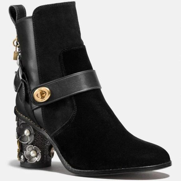 Coach Moto Bootie Heel Floral Black/Black  Fall in Central Park look! MINT! - Picture 3 of 5